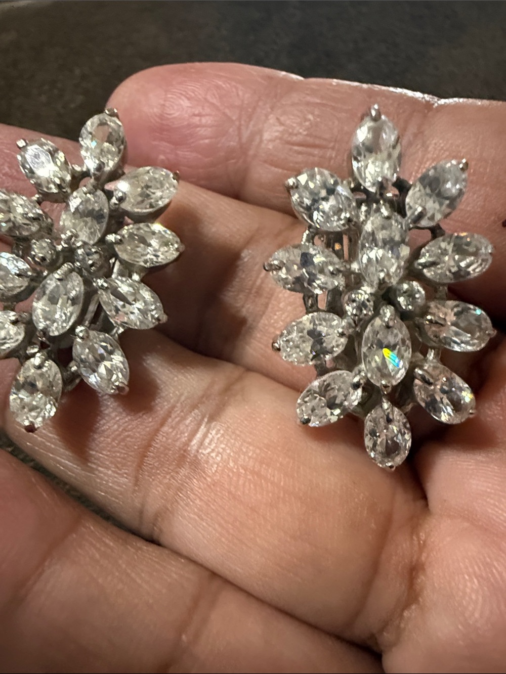 Silver sterling vintage Clear Crystal Floral Cluster Earrings